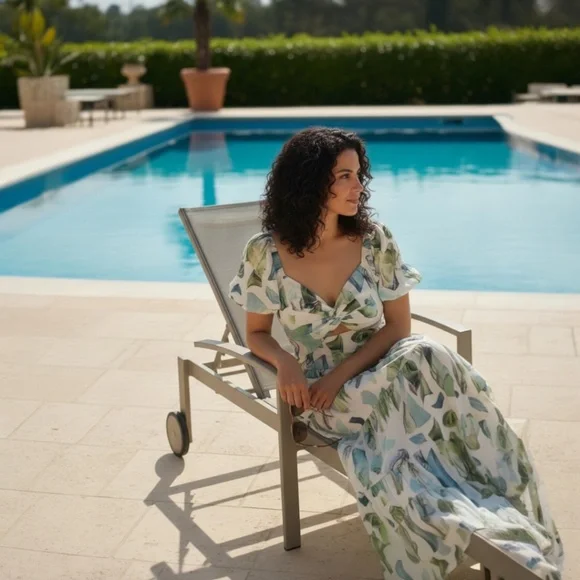 S.DEER Women's Tropical Leaf Print Maxi Dress Puff Sleeve Resort Summer NWT - Picture 2 of 4